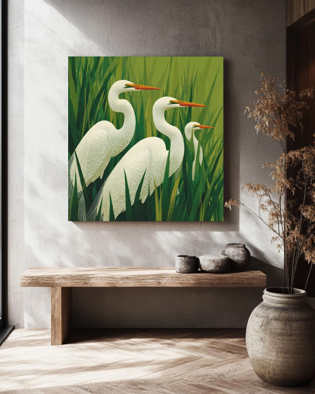 Egrets Art Print | Modern Bird Wall Art | Coastal Nature Canvas | Elegant Minimalist Home Decor