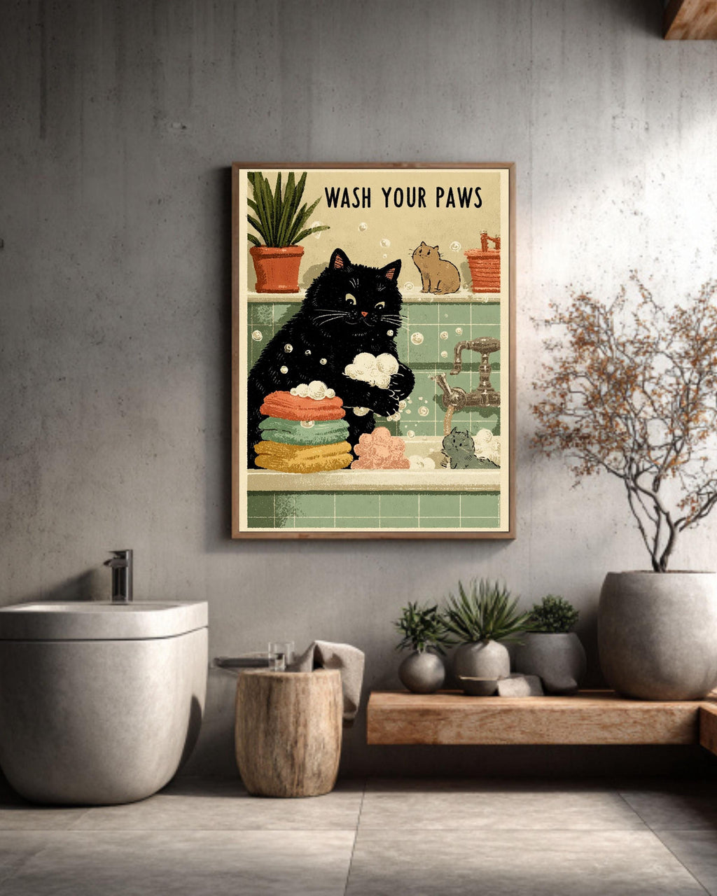 Wash Your Paws Cat Print: Kawaii Bathroom Wall Art