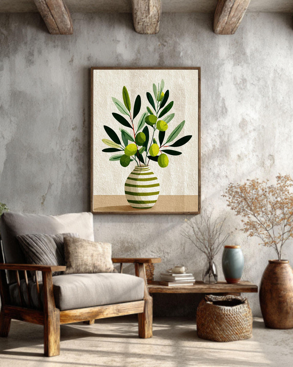 Scandinavian Olive Flower Canvas: Minimalist Nordic Botanical Art Print