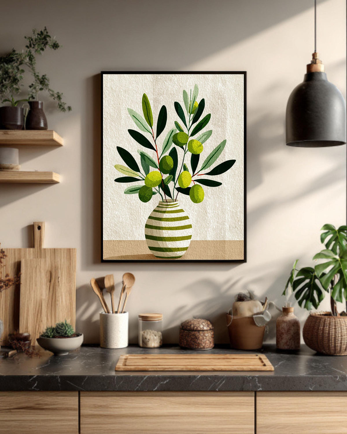 Scandinavian Olive Flower Canvas: Minimalist Nordic Botanical Art Print