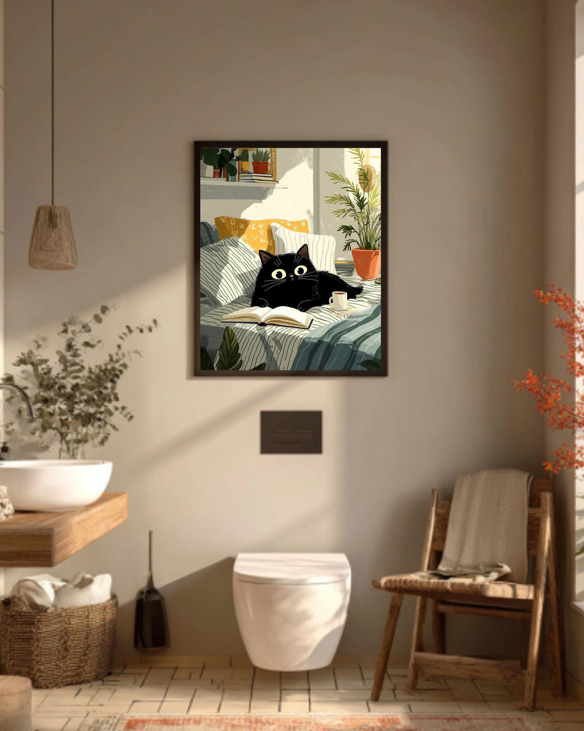 Black Cat Reading in Bed Canvas Art Print: Cozy Feline Illustration