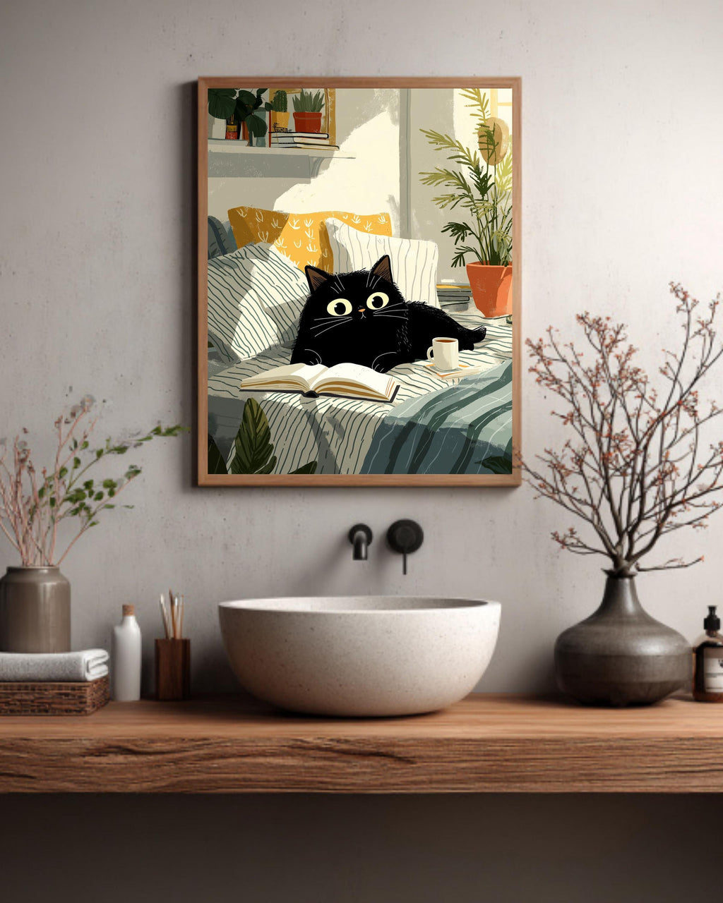 Black Cat Reading in Bed Canvas Art Print: Cozy Feline Illustration