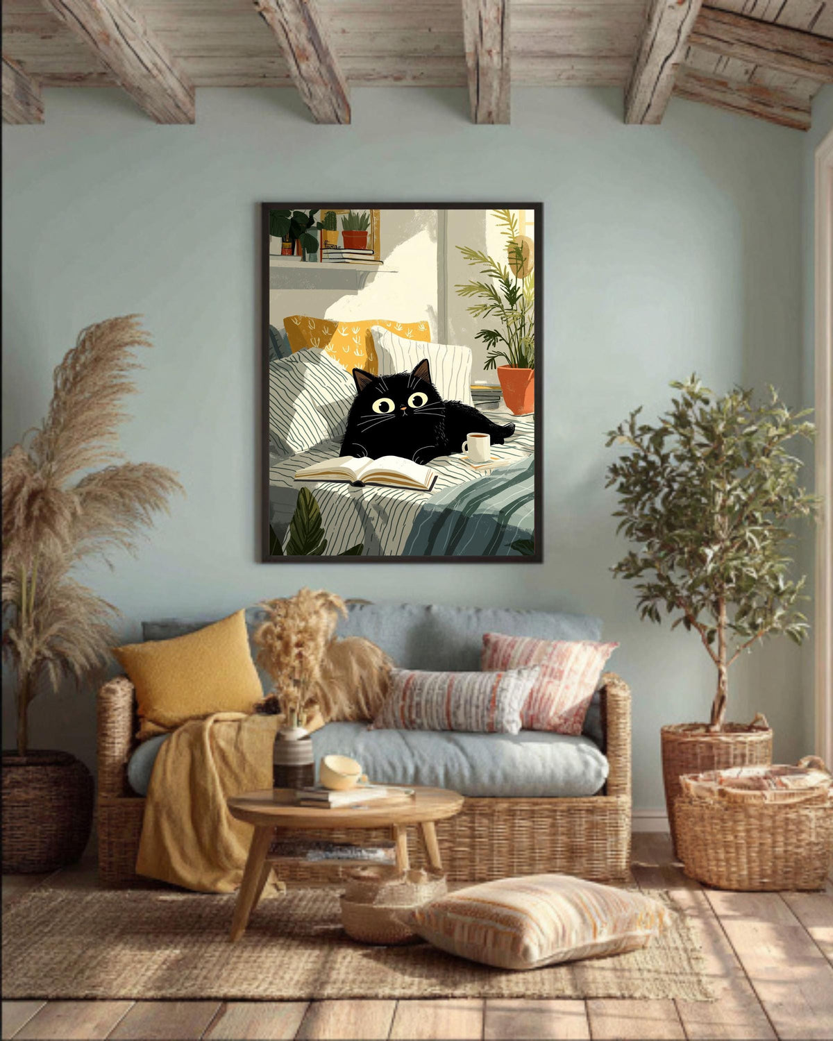 Black Cat Reading in Bed Canvas Art Print: Cozy Feline Illustration