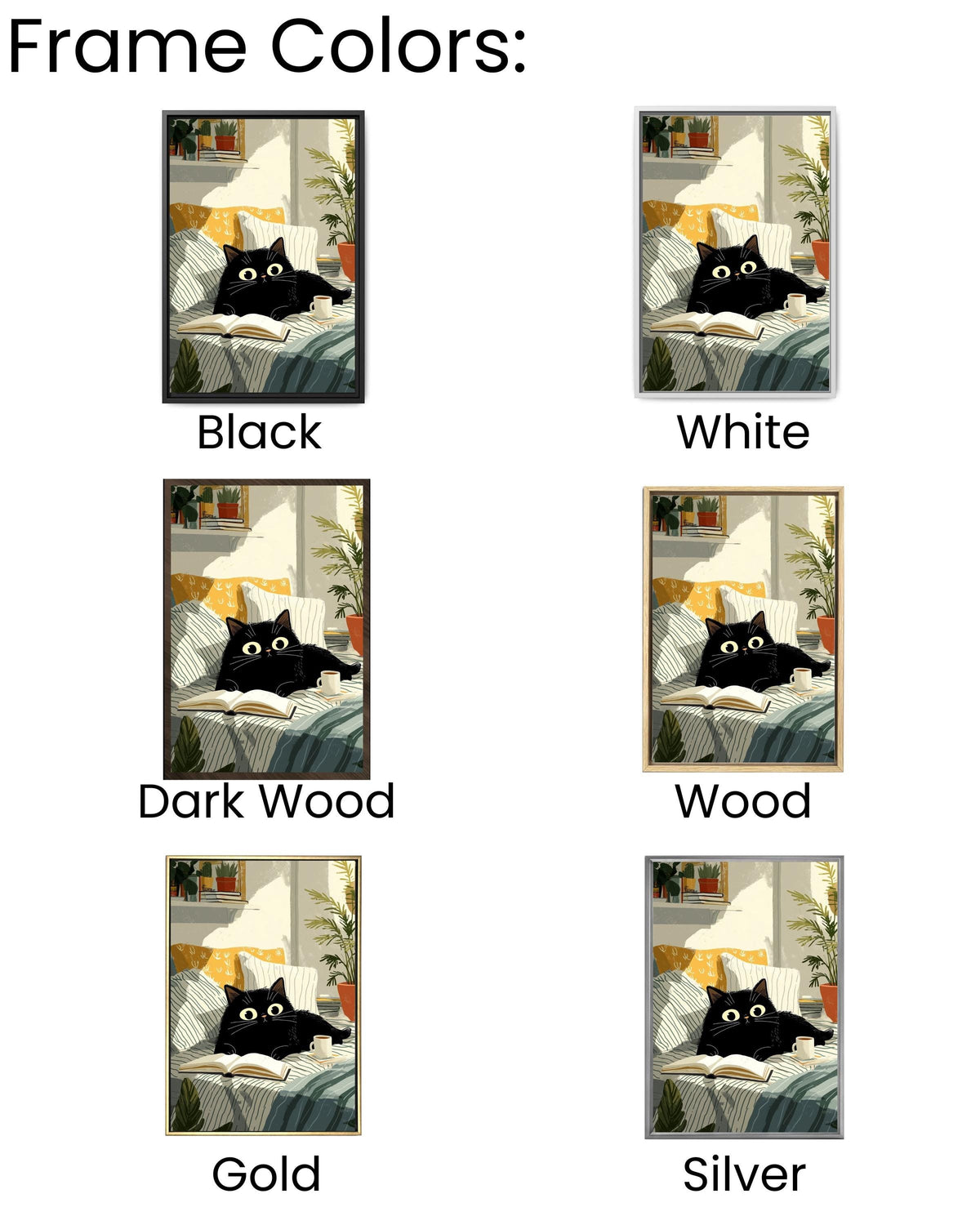 Black Cat Reading in Bed Canvas Art Print: Cozy Feline Illustration