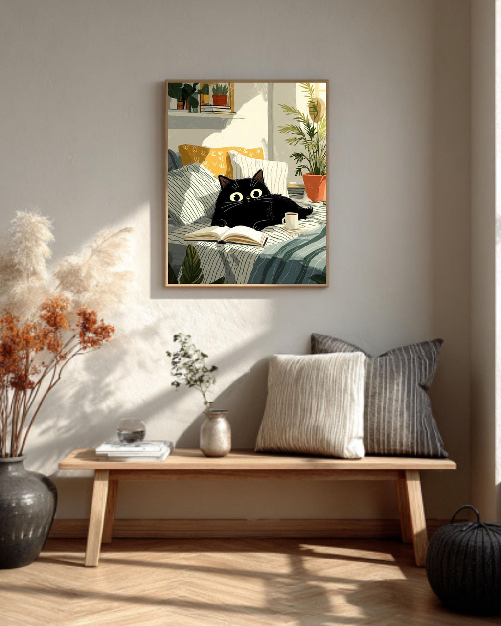Black Cat Reading in Bed Canvas Art Print: Cozy Feline Illustration
