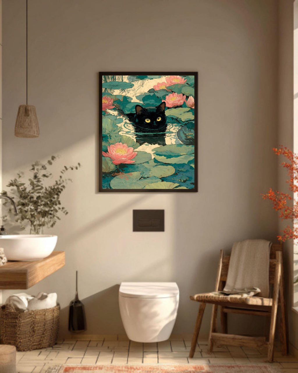 Waterlily Cat Illustration Impressionist Inspired Kitty with Flowers Whimsical Playful Artwork for Cat Lovers