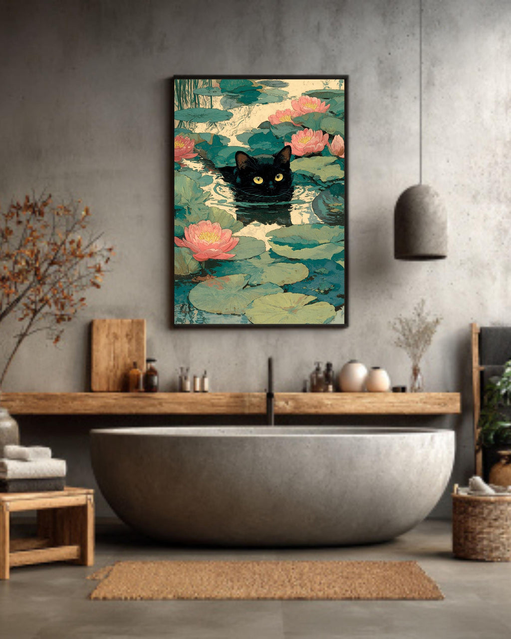 Waterlily Cat Illustration Impressionist Inspired Kitty with Flowers Whimsical Playful Artwork for Cat Lovers