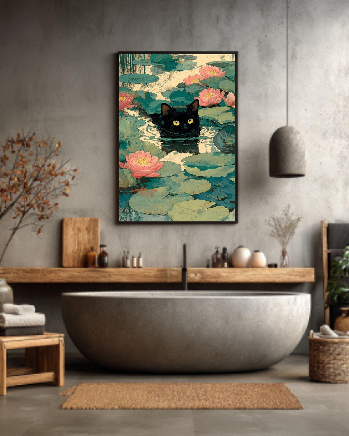 Waterlily Cat Illustration Impressionist Inspired Kitty with Flowers Whimsical Playful Artwork for Cat Lovers