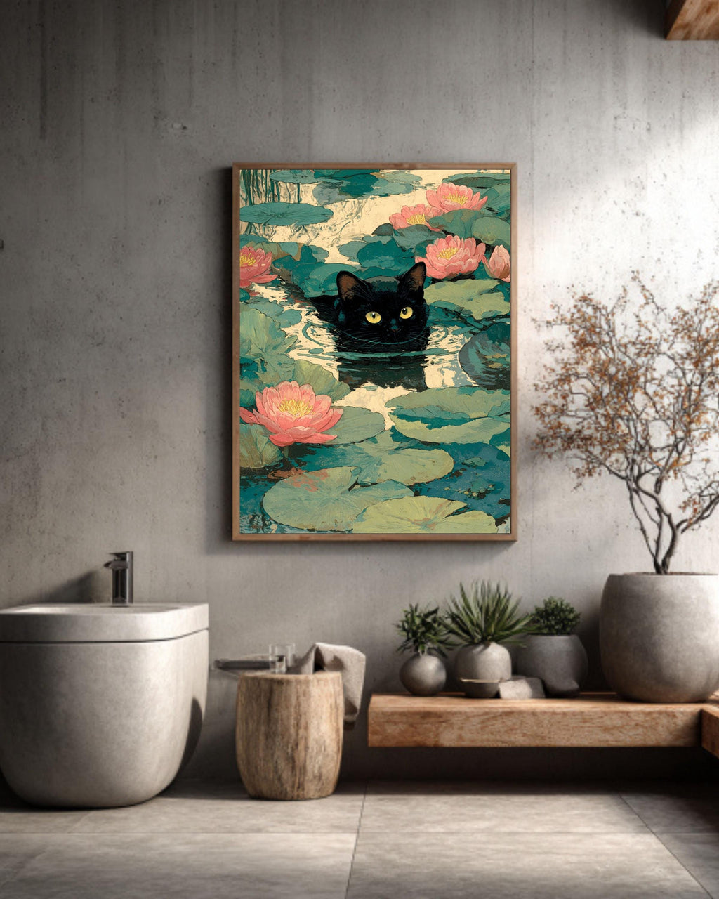 Waterlily Cat Illustration Impressionist Inspired Kitty with Flowers Whimsical Playful Artwork for Cat Lovers