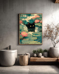 Waterlily Cat Illustration Impressionist Inspired Kitty with Flowers Whimsical Playful Artwork for Cat Lovers