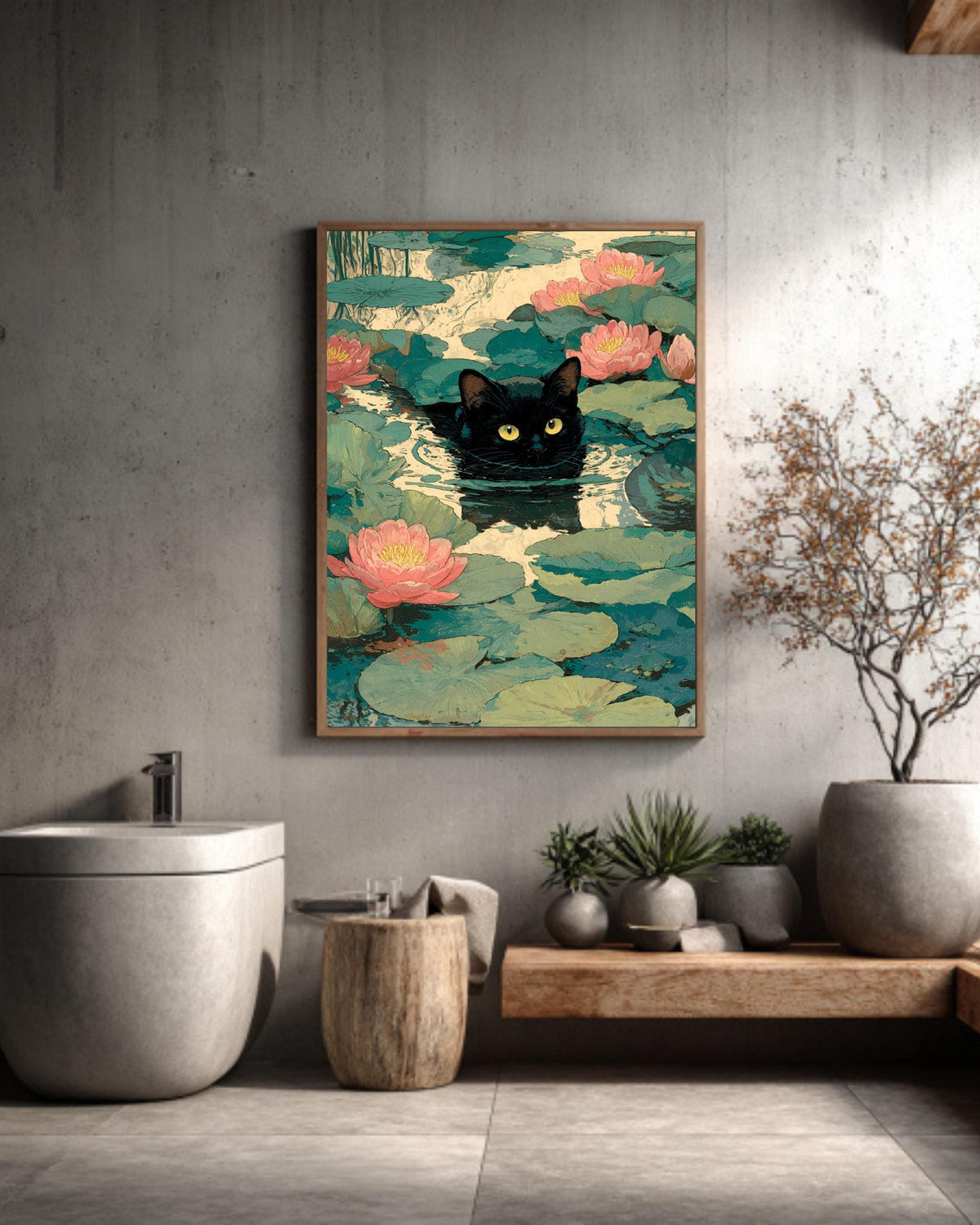 Waterlily Cat Illustration Impressionist Inspired Kitty with Flowers Whimsical Playful Artwork for Cat Lovers