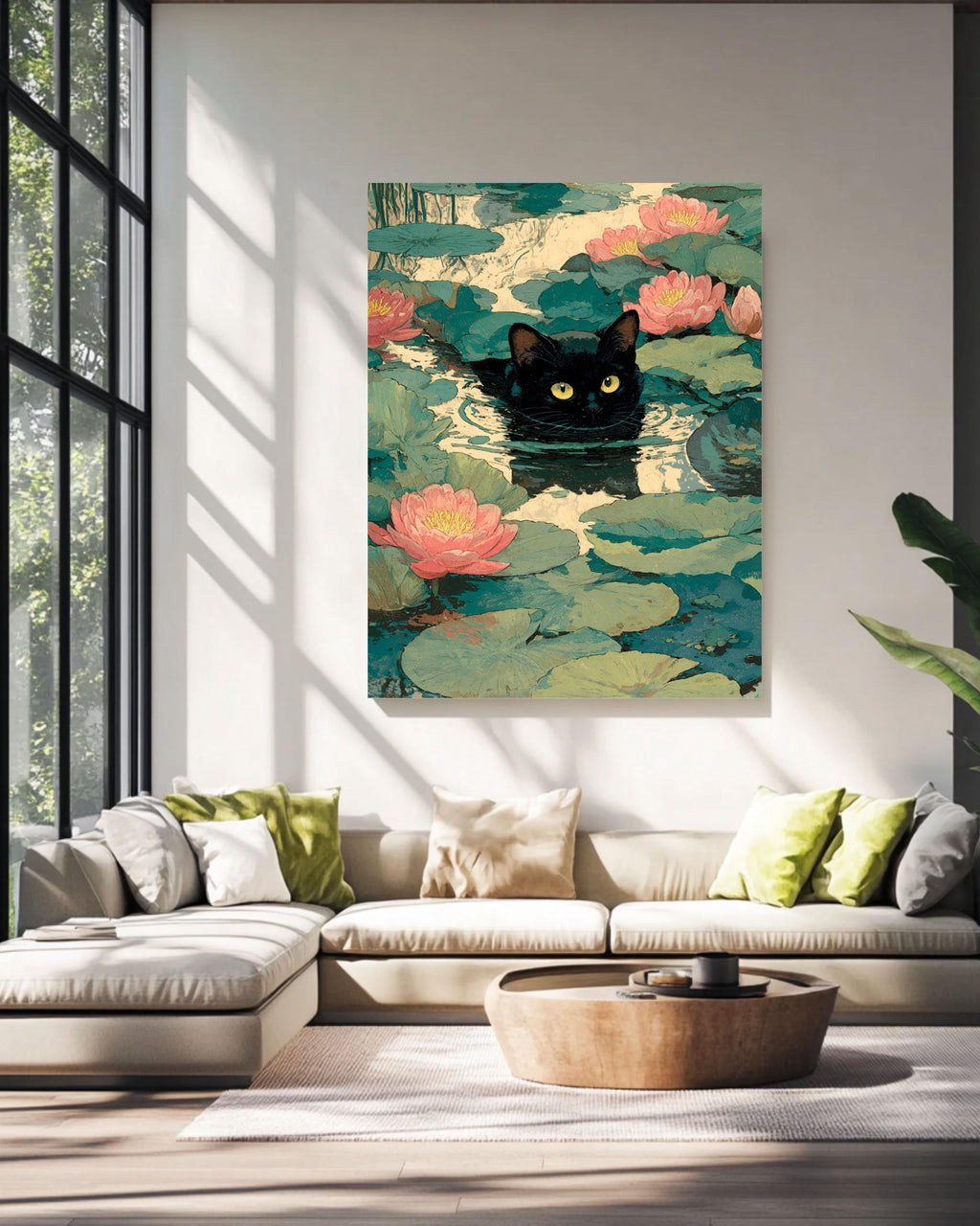 Waterlily Cat Illustration Impressionist Inspired Kitty with Flowers Whimsical Playful Artwork for Cat Lovers
