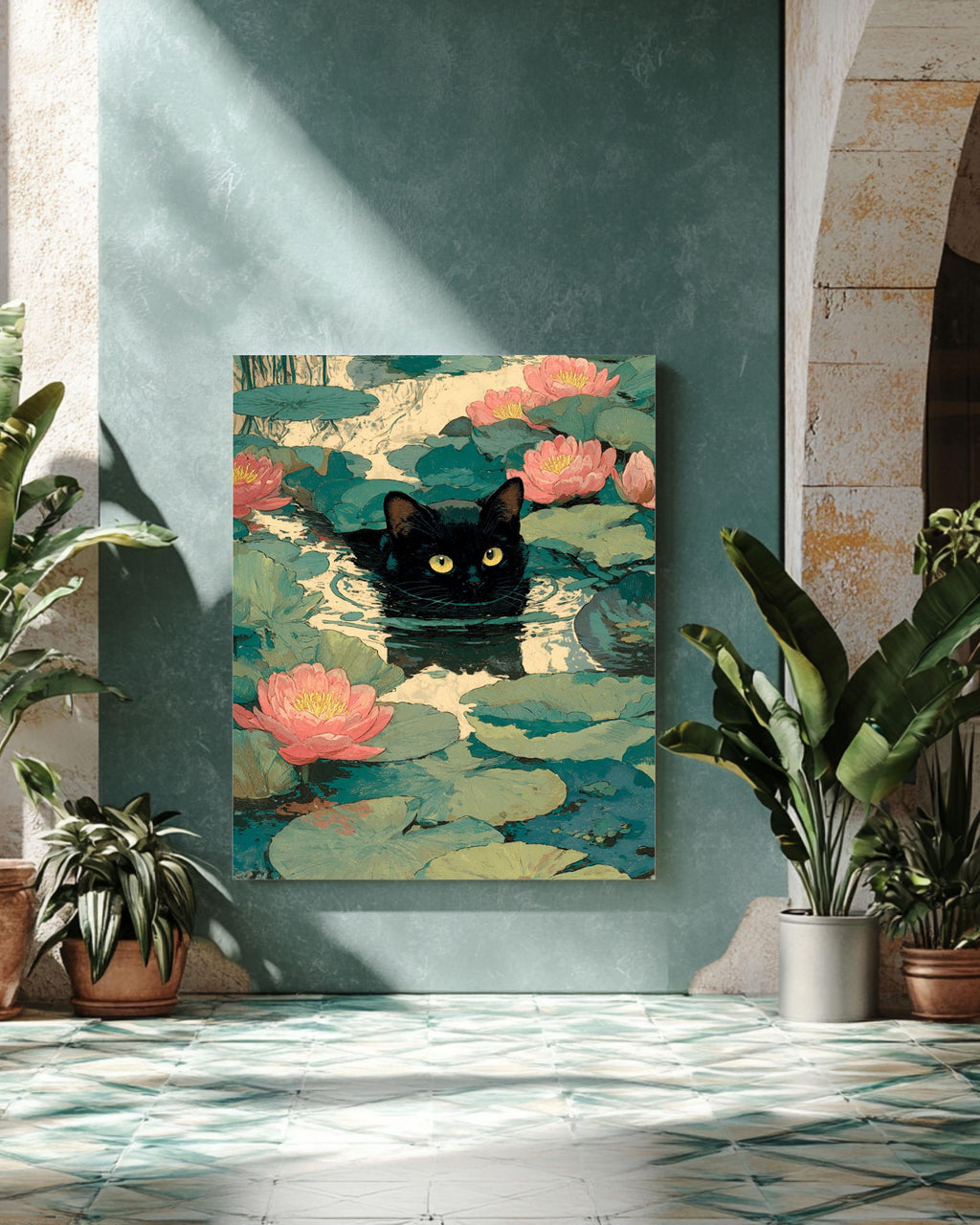 Waterlily Cat Illustration Impressionist Inspired Kitty with Flowers Whimsical Playful Artwork for Cat Lovers