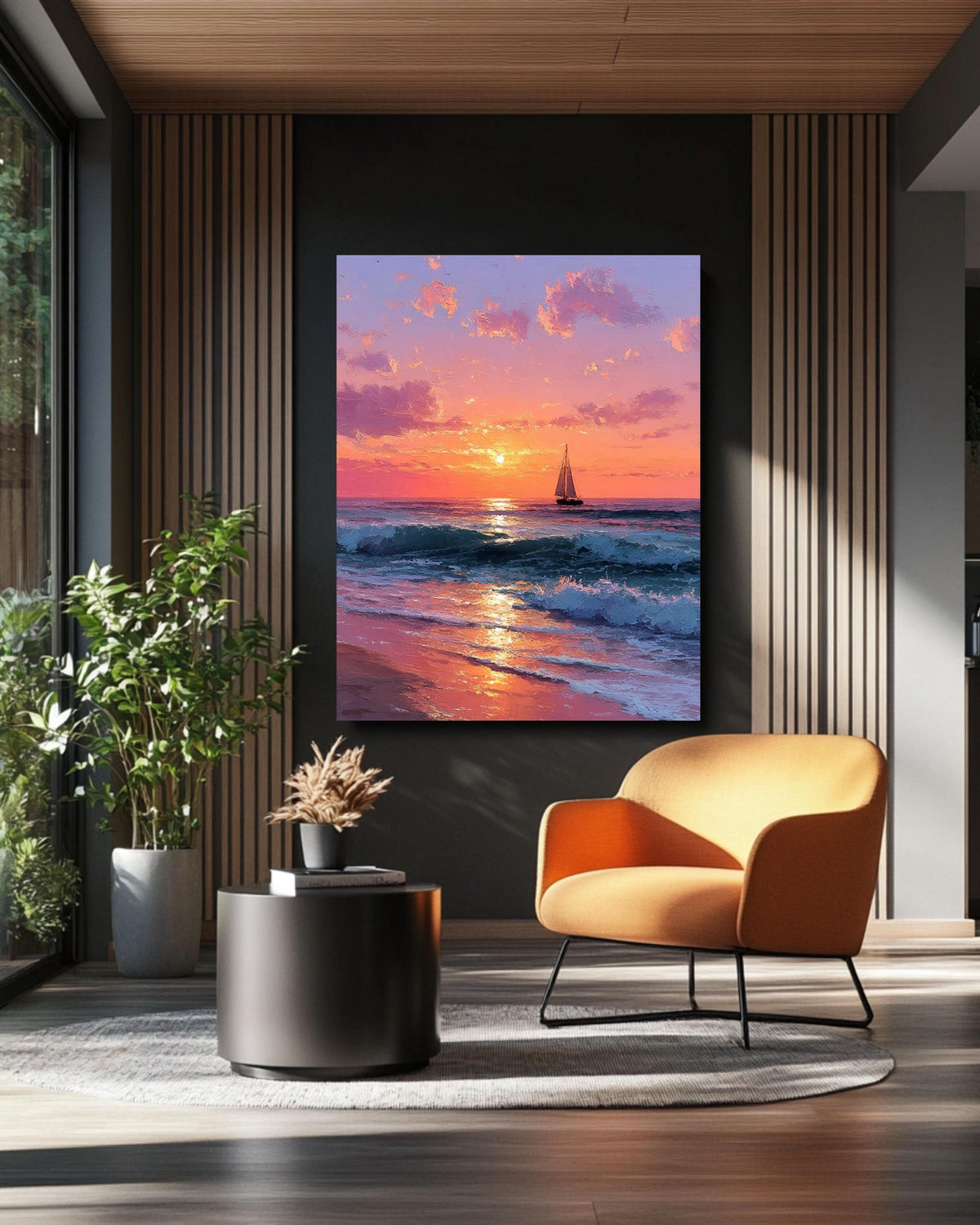 Sunset Ocean Painting: Blush Pink Coastal Seascape Canvas Art