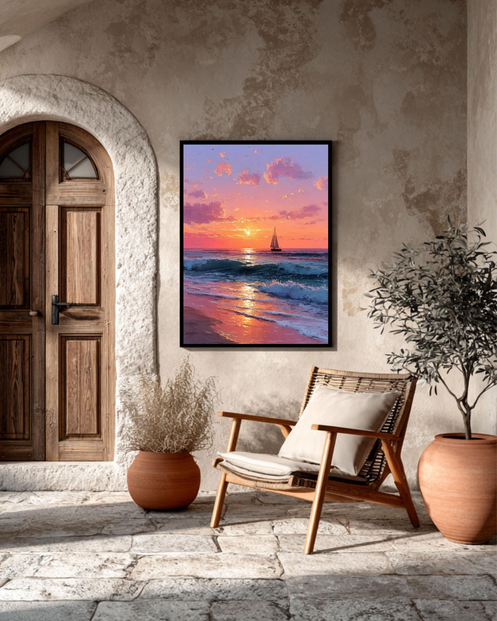 Sunset Ocean Painting: Blush Pink Coastal Seascape Canvas Art