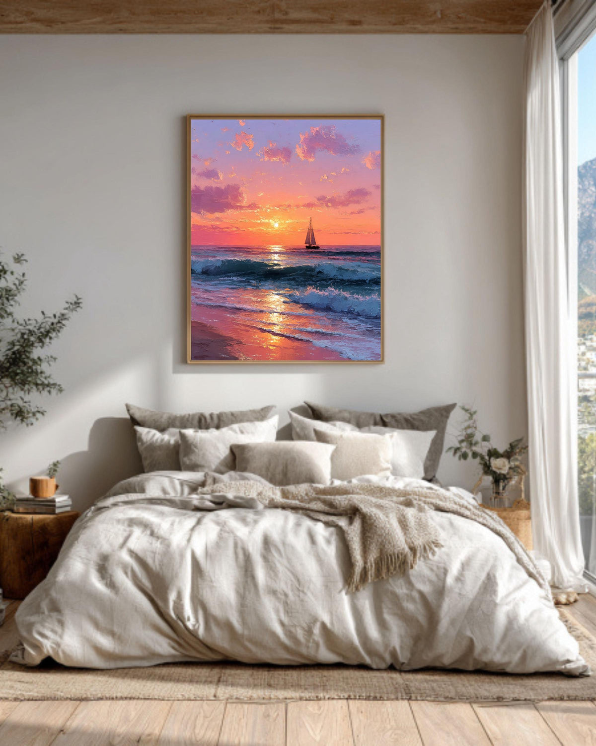 Sunset Ocean Painting: Blush Pink Coastal Seascape Canvas Art