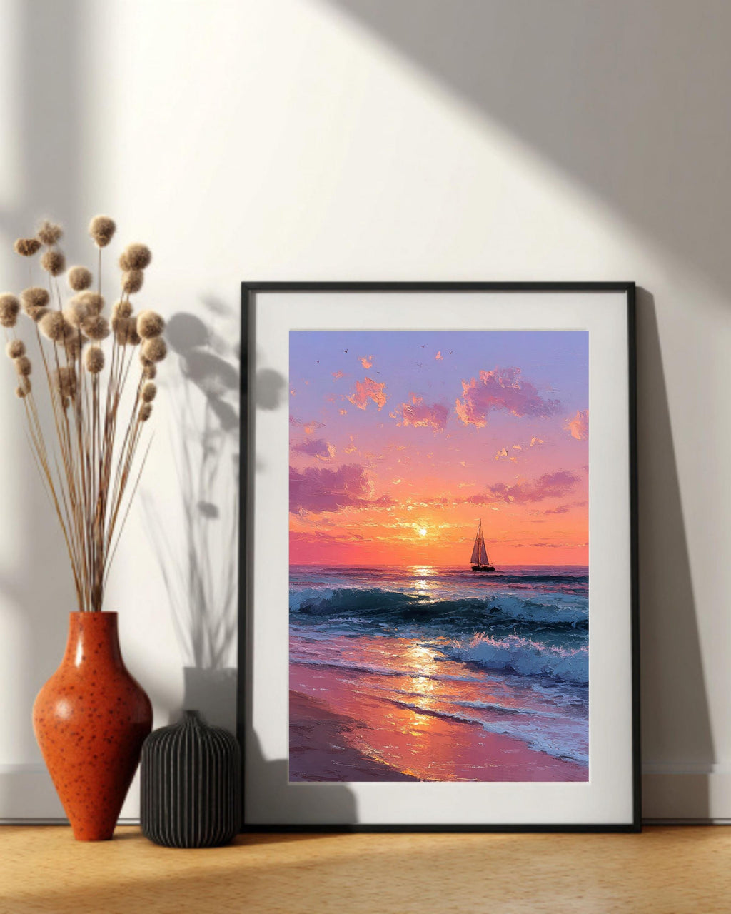 Sunset Ocean Painting: Blush Pink Coastal Seascape Canvas Art
