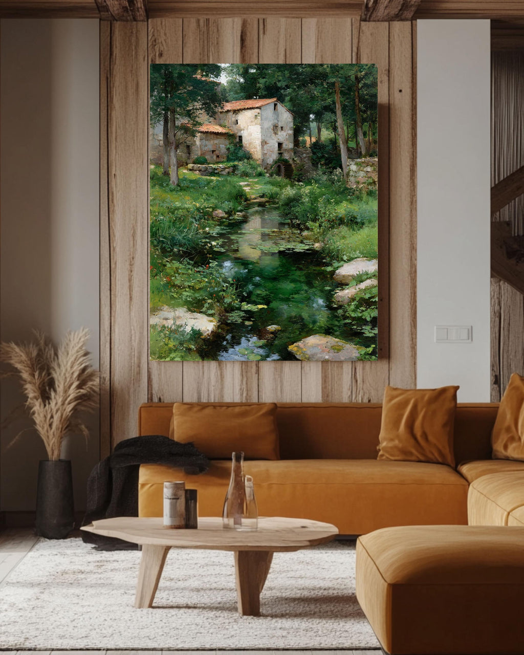 Rustic River Landscape Vintage Cottage Scene Rural Countryside Farmhouse Style Framed Canvas
