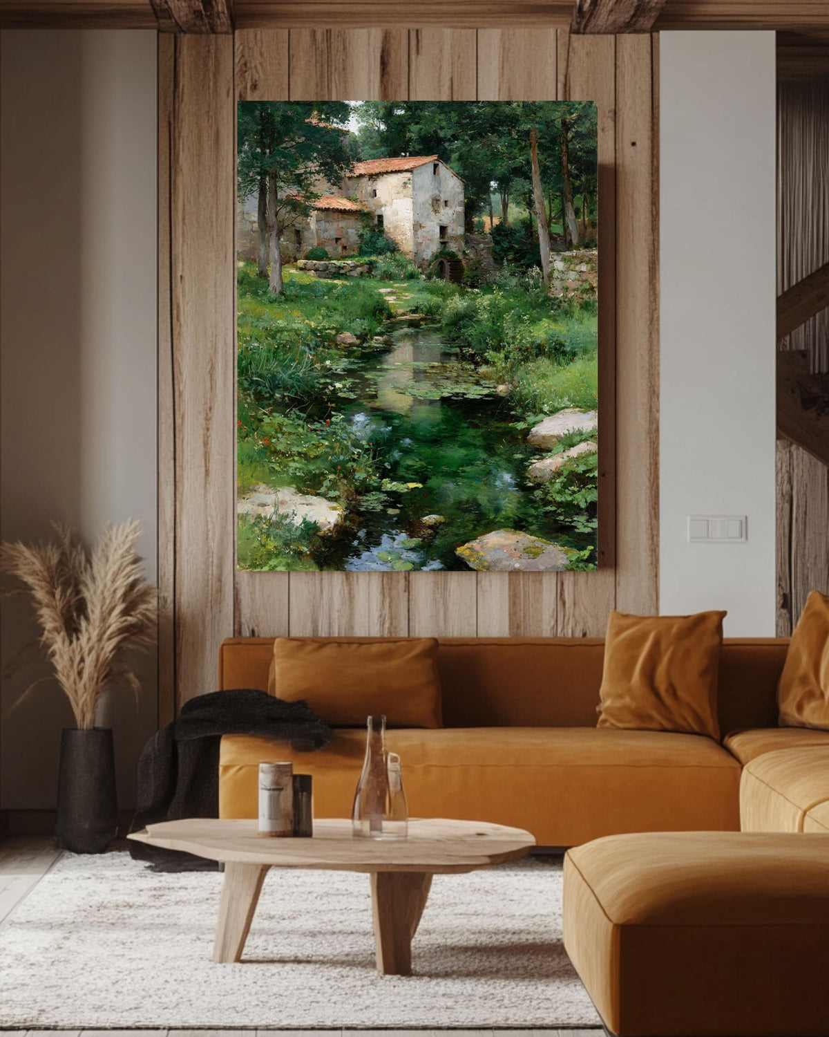 Rustic River Landscape Vintage Cottage Scene Rural Countryside Farmhouse Style Framed Canvas