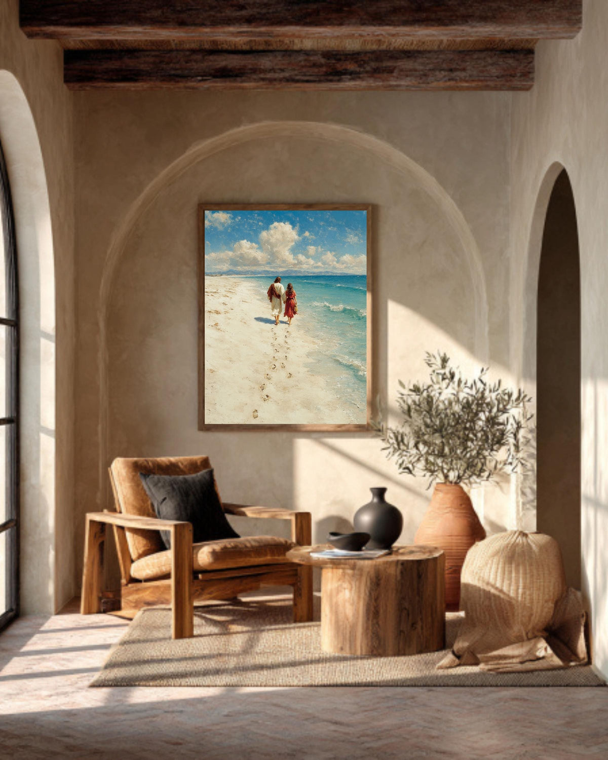 Jesus Christ Portrait Footprints in the Sand Religious Christian Beach Scene Faith Inspired Framed Canvas