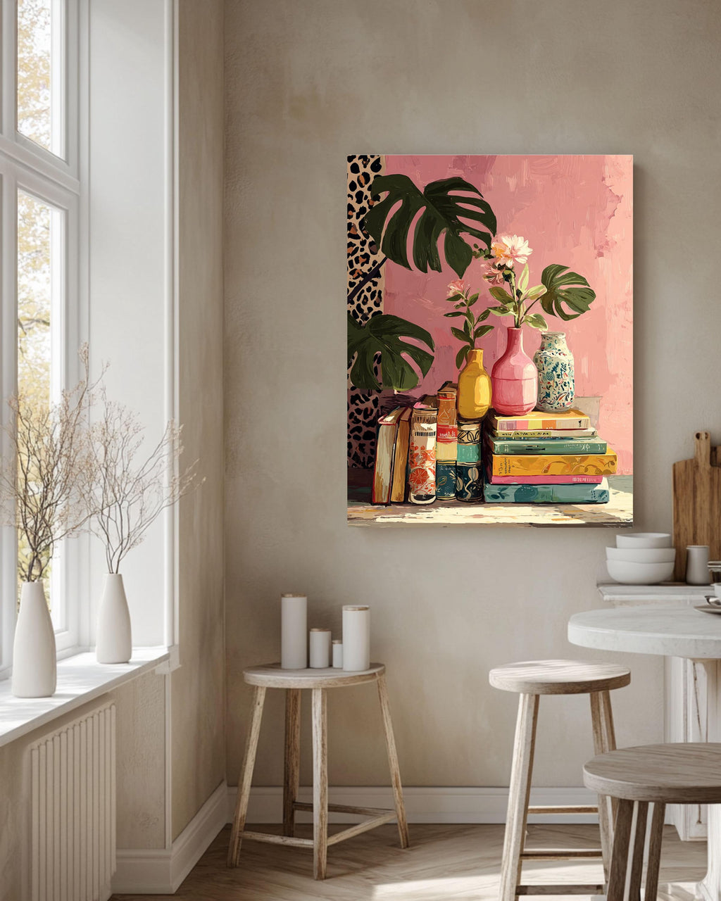 Retro Book and Plants Canvas Print: Colorful Still Life Art