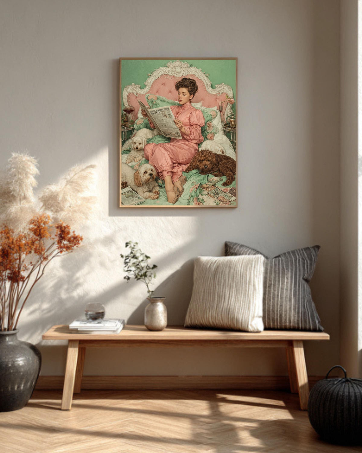 Vintage Lady with Dogs Canvas Print, Victorian Inspired Wall Art