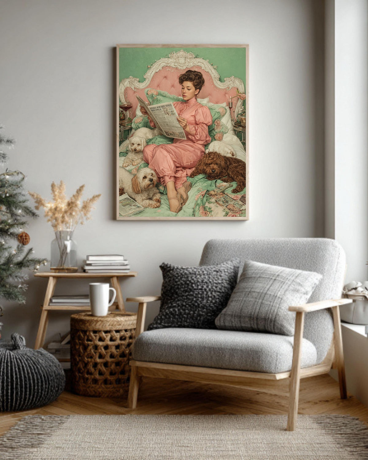 Vintage Lady with Dogs Canvas Print, Victorian Inspired Wall Art