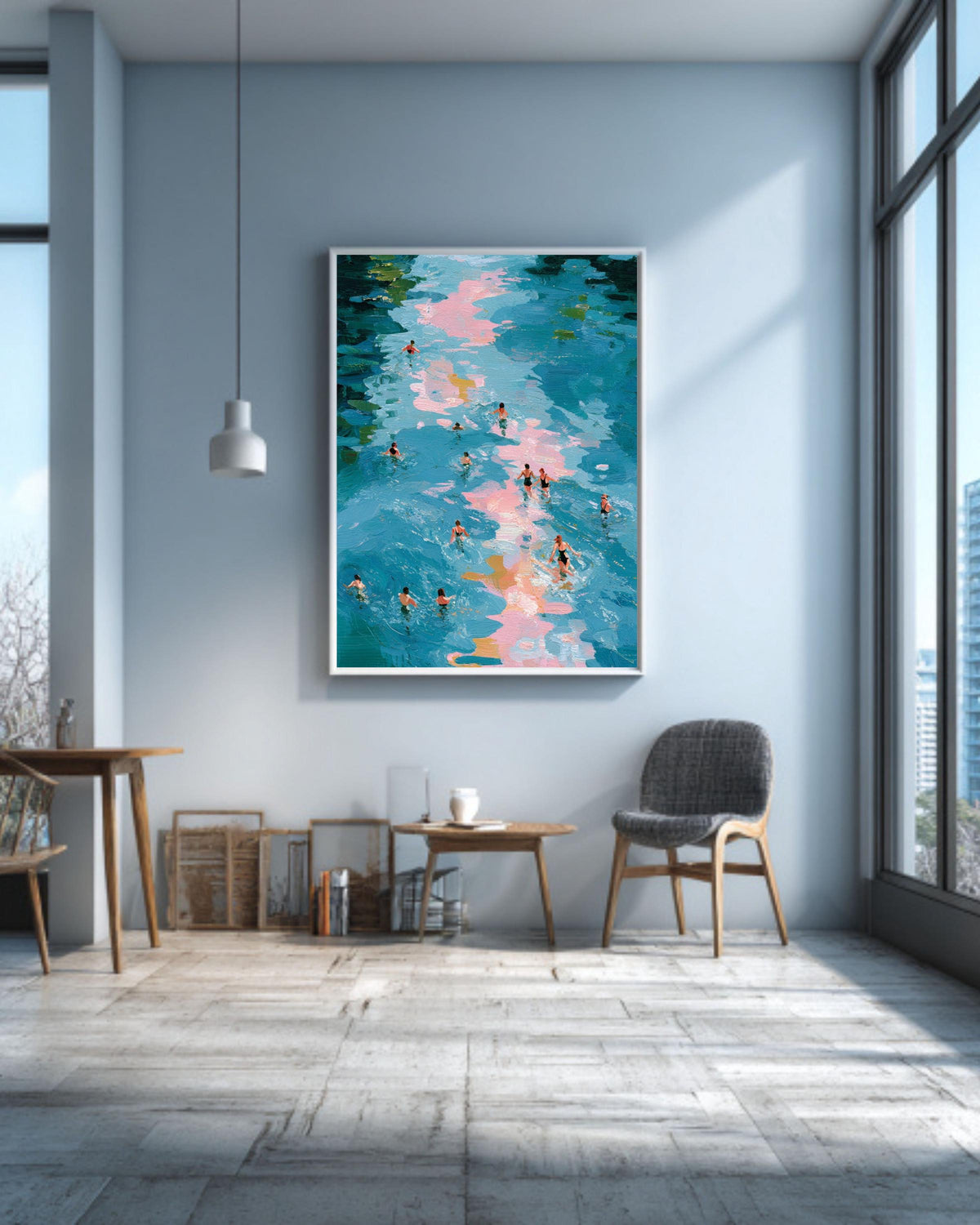 Swimmers Abstract Canvas, Blue Water Impressionist Framed Wall Art