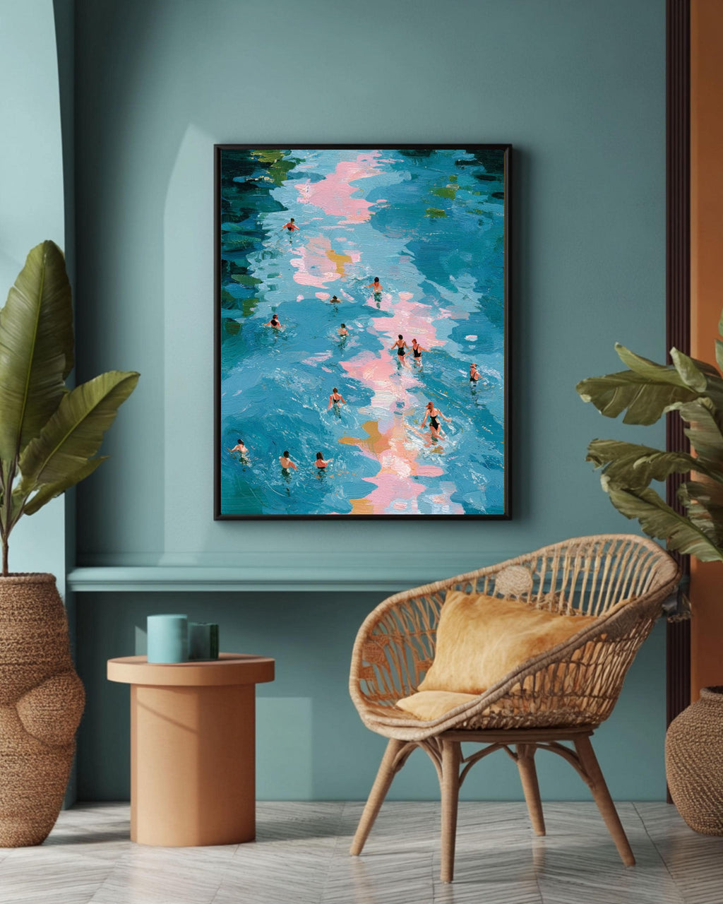 Swimmers Abstract Canvas, Blue Water Impressionist Framed Wall Art