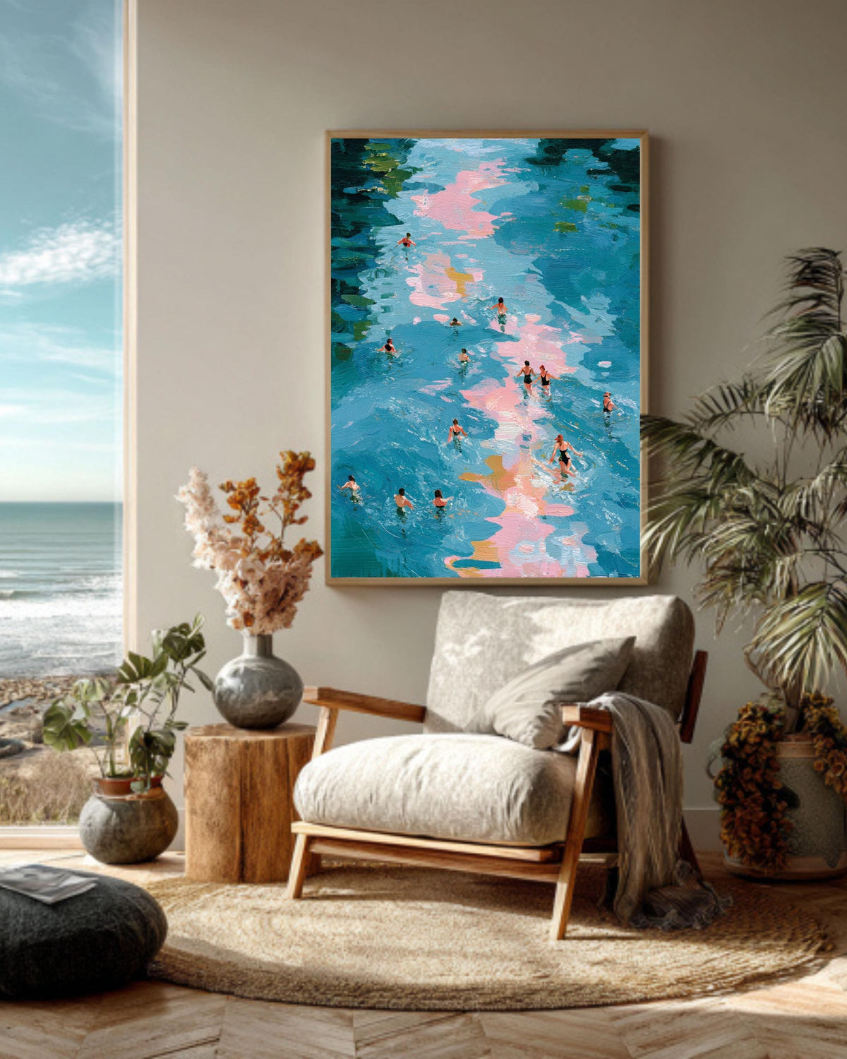 Swimmers Abstract Canvas, Blue Water Impressionist Framed Wall Art