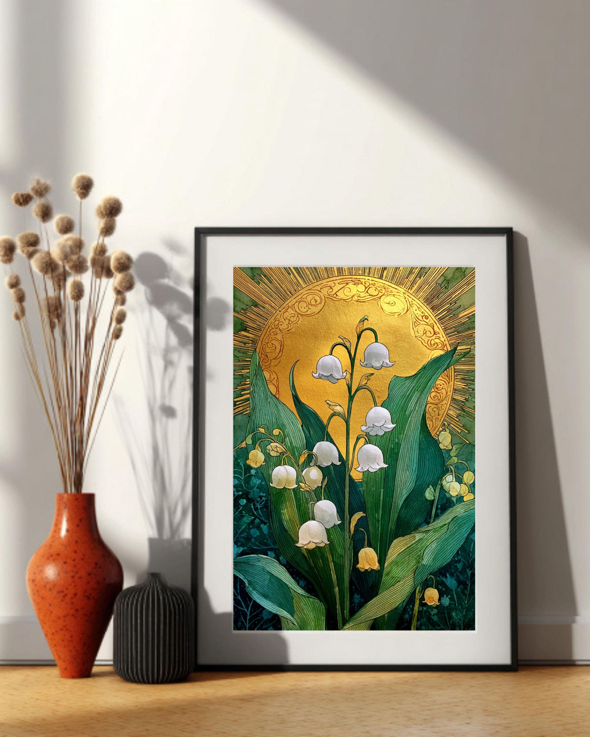 Lily of the Valley Canvas Print: Emerald Green Sun, Boho Floral Art