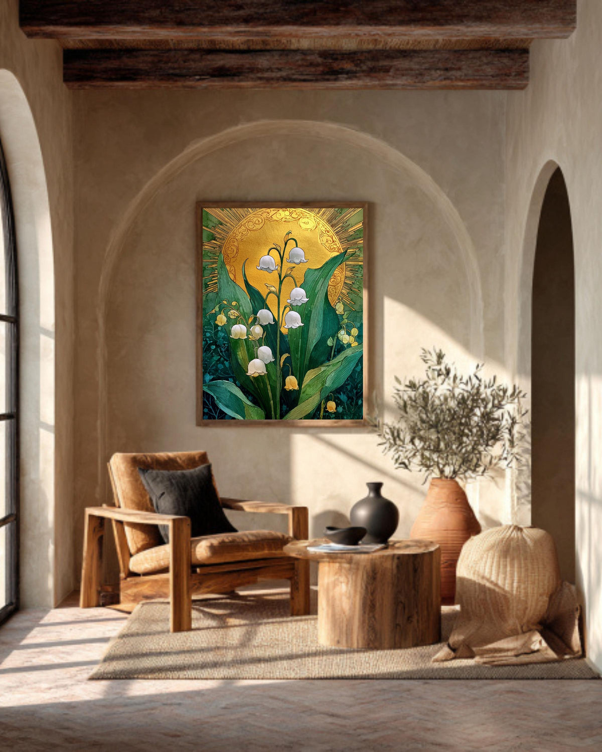 Lily of the Valley Canvas Print: Emerald Green Sun, Boho Floral Art