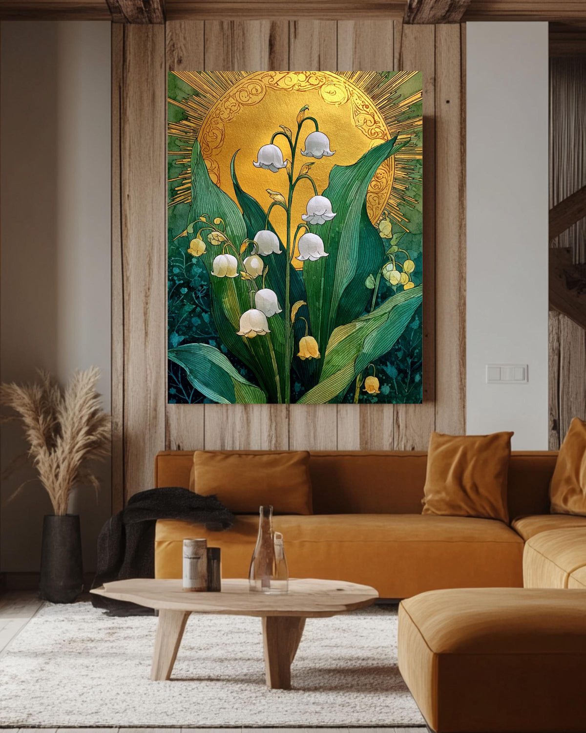 Lily of the Valley Canvas Print: Emerald Green Sun, Boho Floral Art