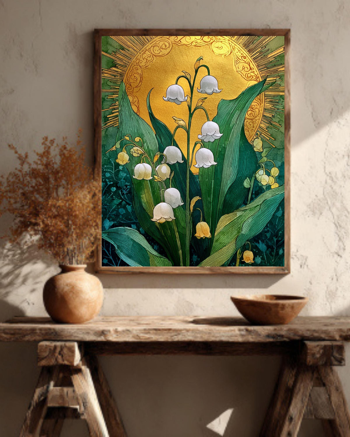 Lily of the Valley Canvas Print: Emerald Green Sun, Boho Floral Art