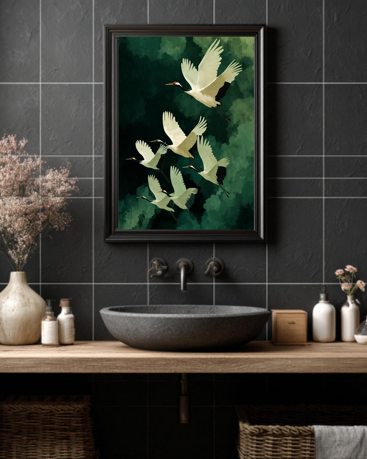 Flying Cranes Japandi Canvas | Elegant Japanese Bird Artwork | Green and White Minimal Style Print