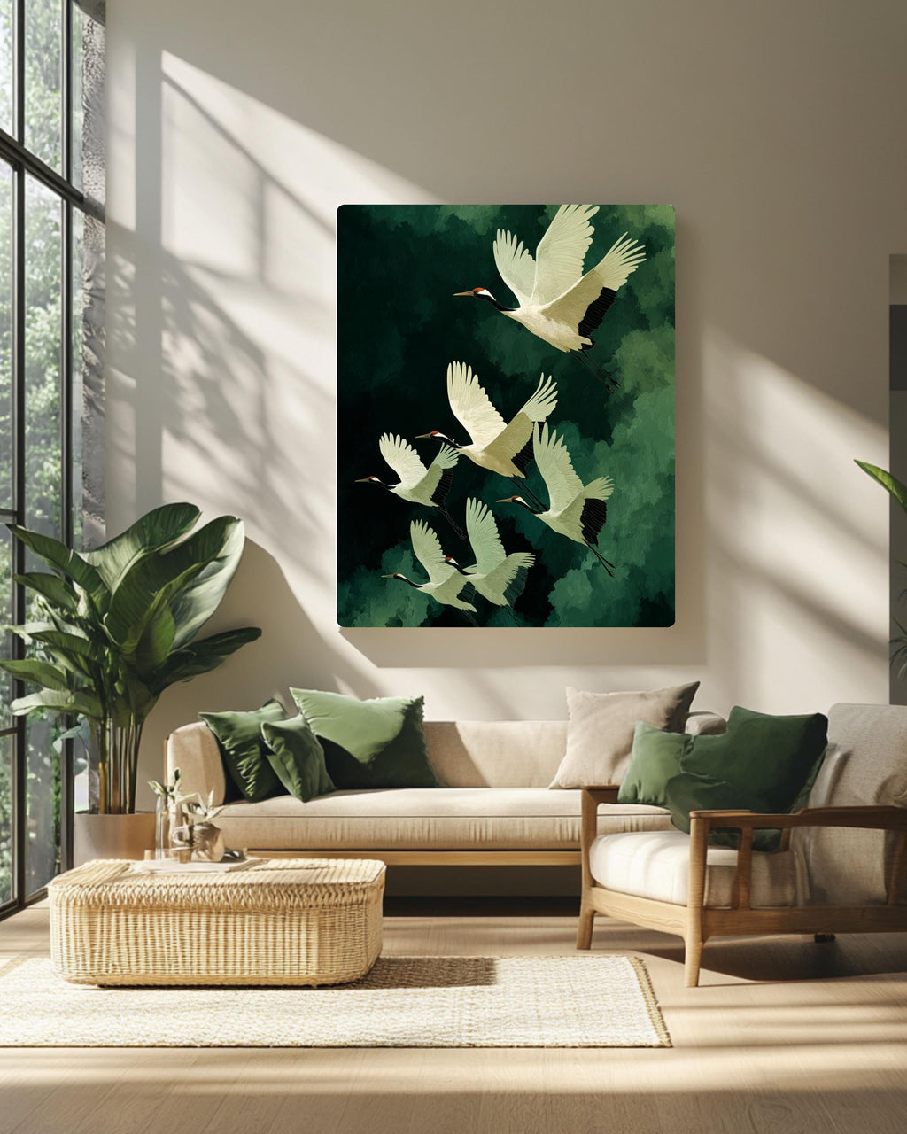 Flying Cranes Japandi Canvas | Elegant Japanese Bird Artwork | Green and White Minimal Style Print