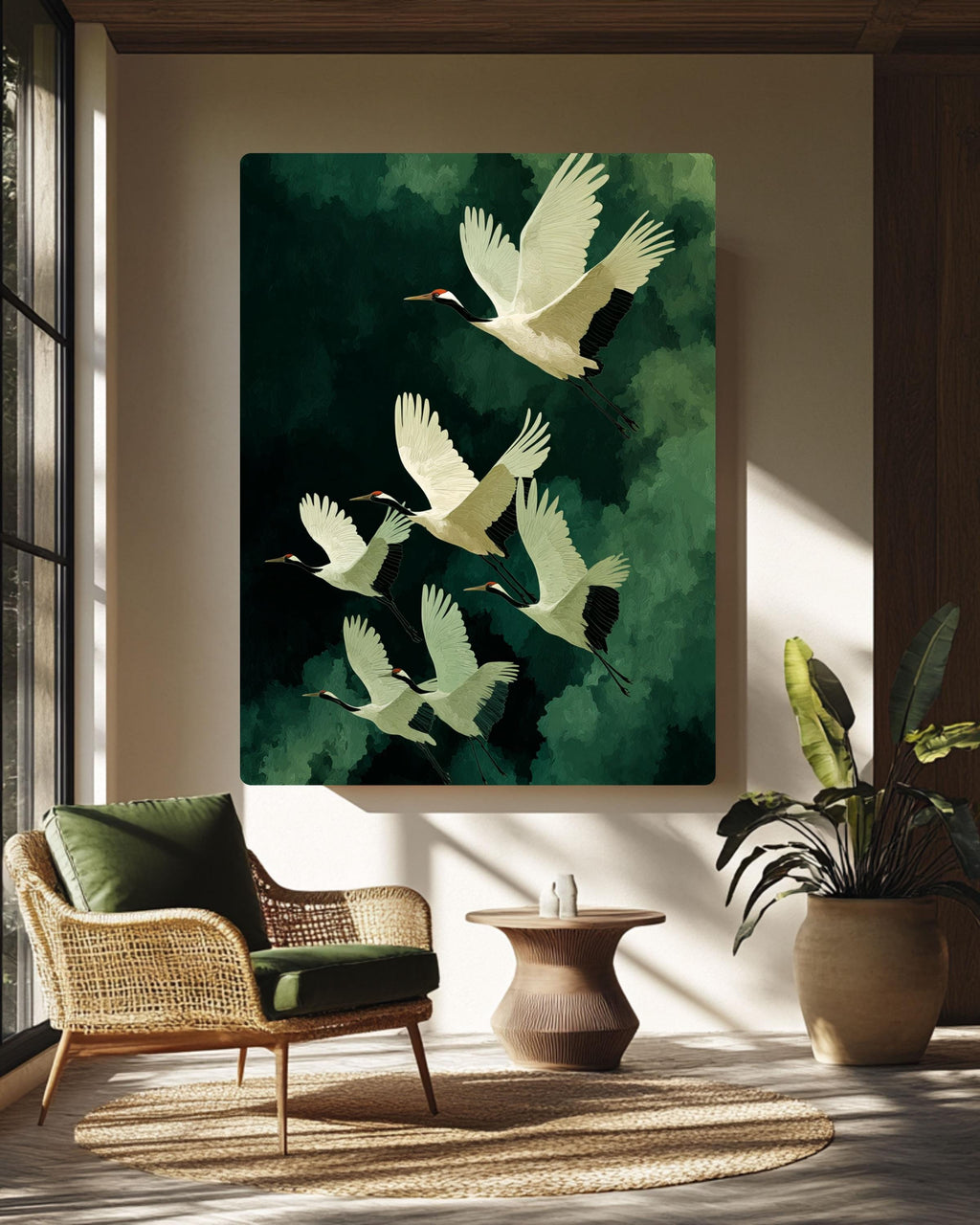 Flying Cranes Japandi Canvas | Elegant Japanese Bird Artwork | Green and White Minimal Style Print