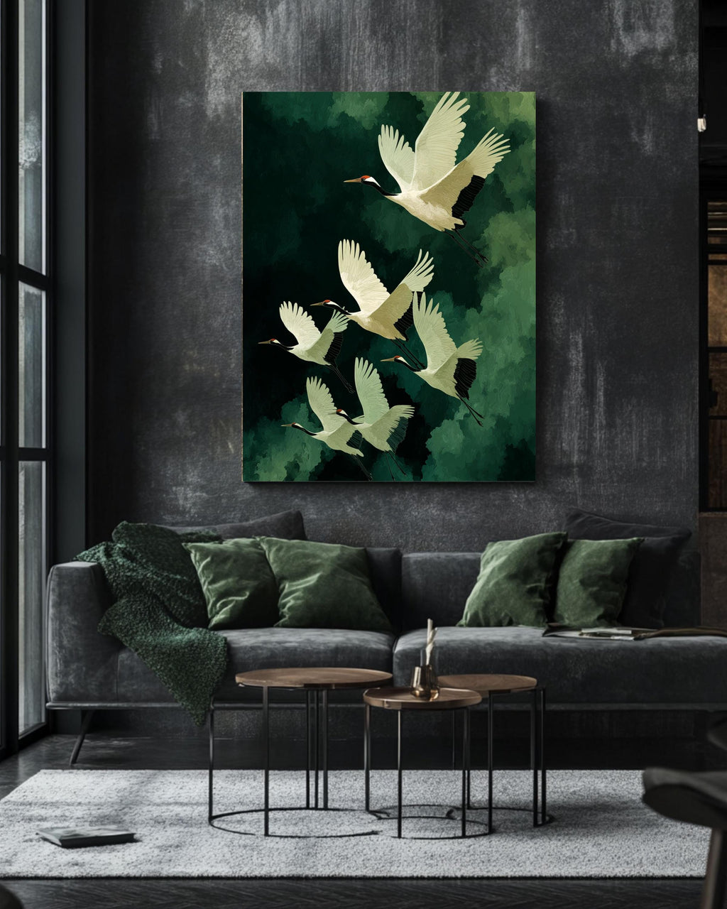 Flying Cranes Japandi Canvas | Elegant Japanese Bird Artwork | Green and White Minimal Style Print