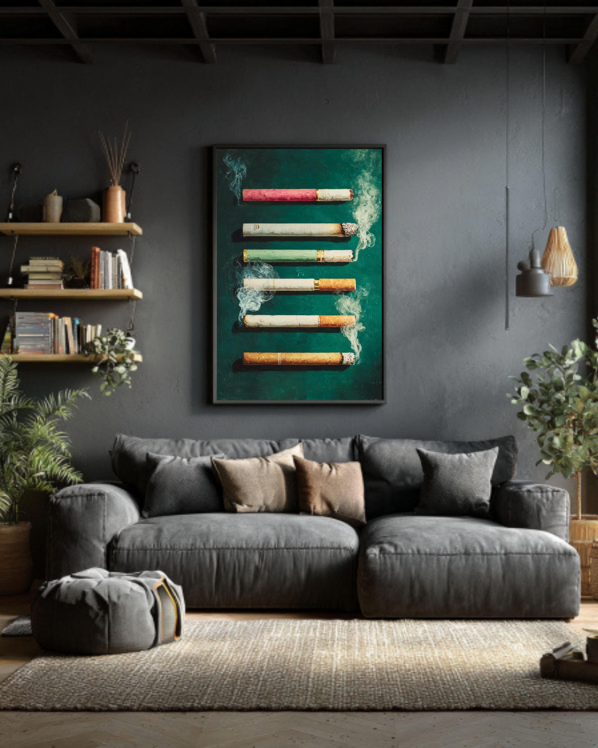 Cigarette Butts Canvas | Moody Green Feminine Gritty Artwork | Urban Edge Modern Painting