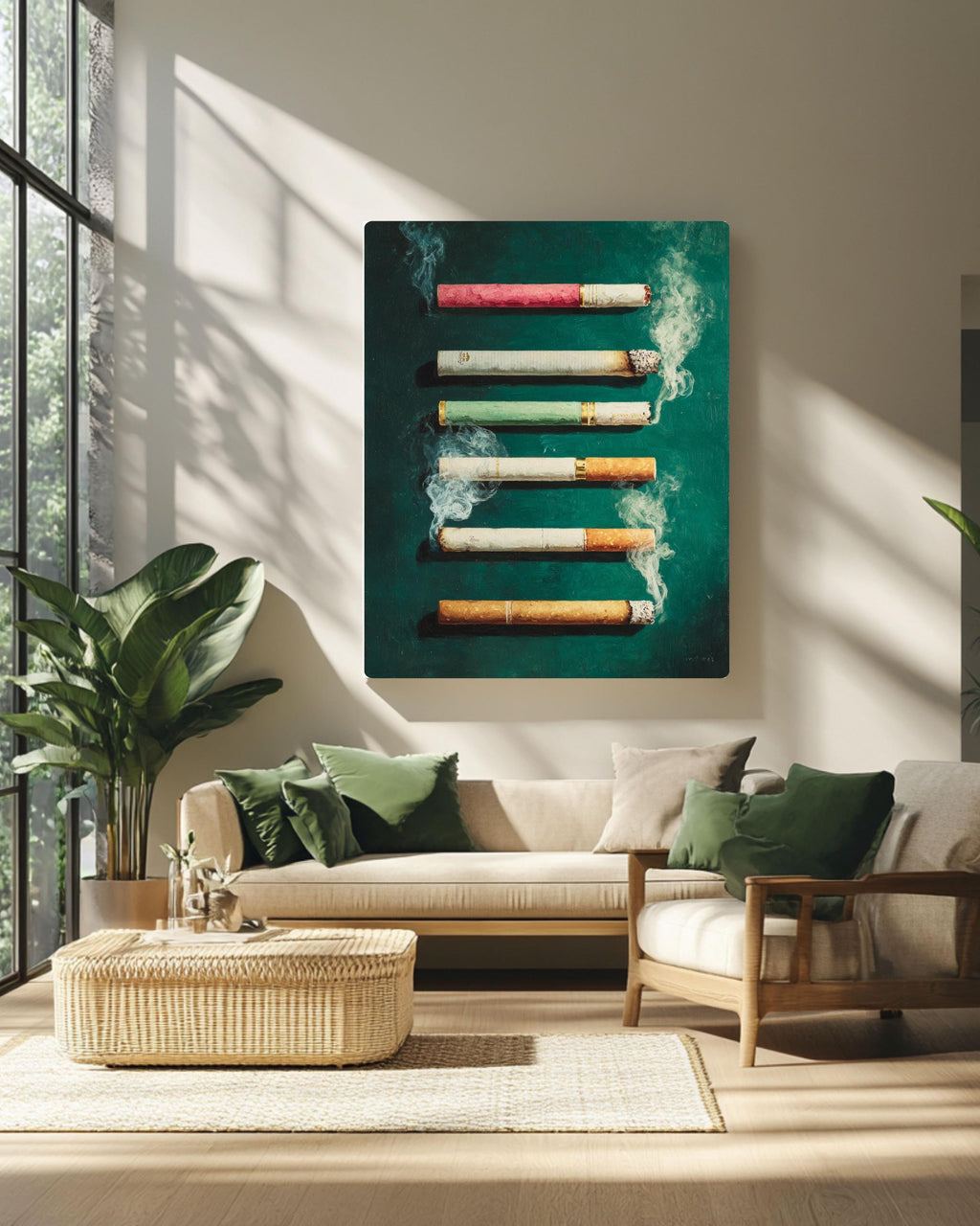 Cigarette Butts Canvas | Moody Green Feminine Gritty Artwork | Urban Edge Modern Painting