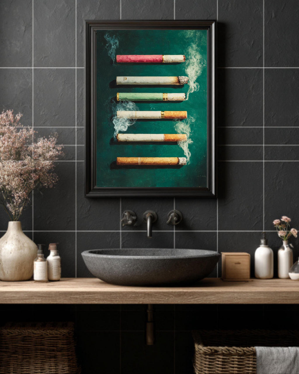 Cigarette Butts Canvas | Moody Green Feminine Gritty Artwork | Urban Edge Modern Painting