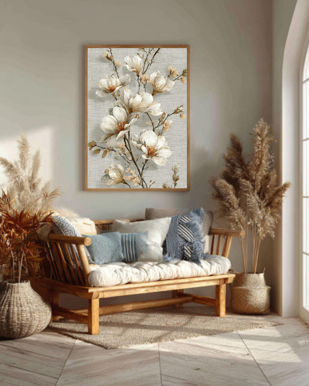 Beige Floral Tapestry Canvas | Vintage Textile Inspired Wall Hanging | Elegant Botanical Artwork