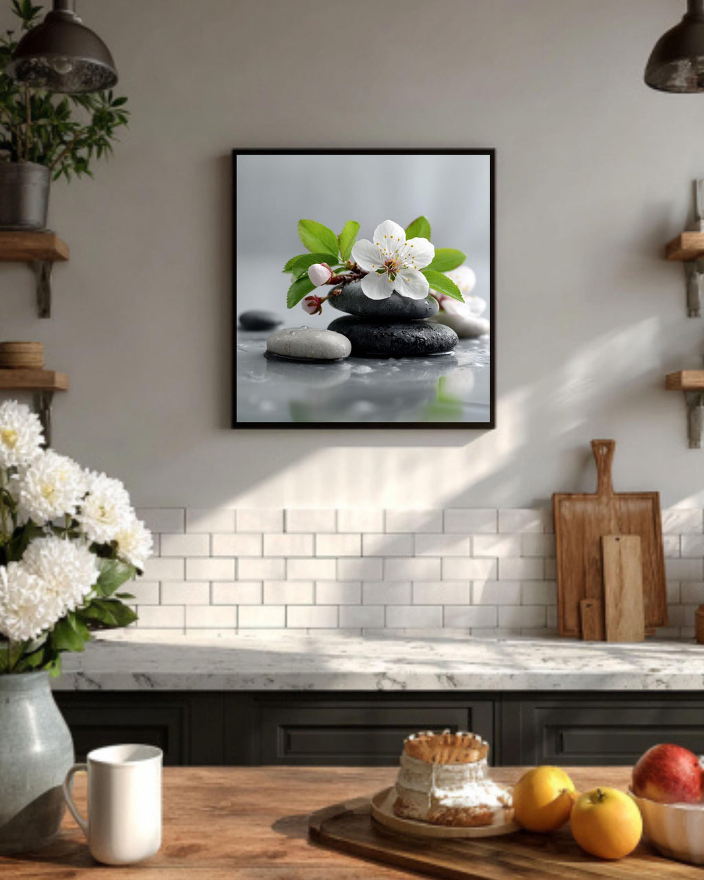 Floral Zen Stones Canvas | White Spa Bathroom Artwork | Tranquil Botanical Relaxation Print