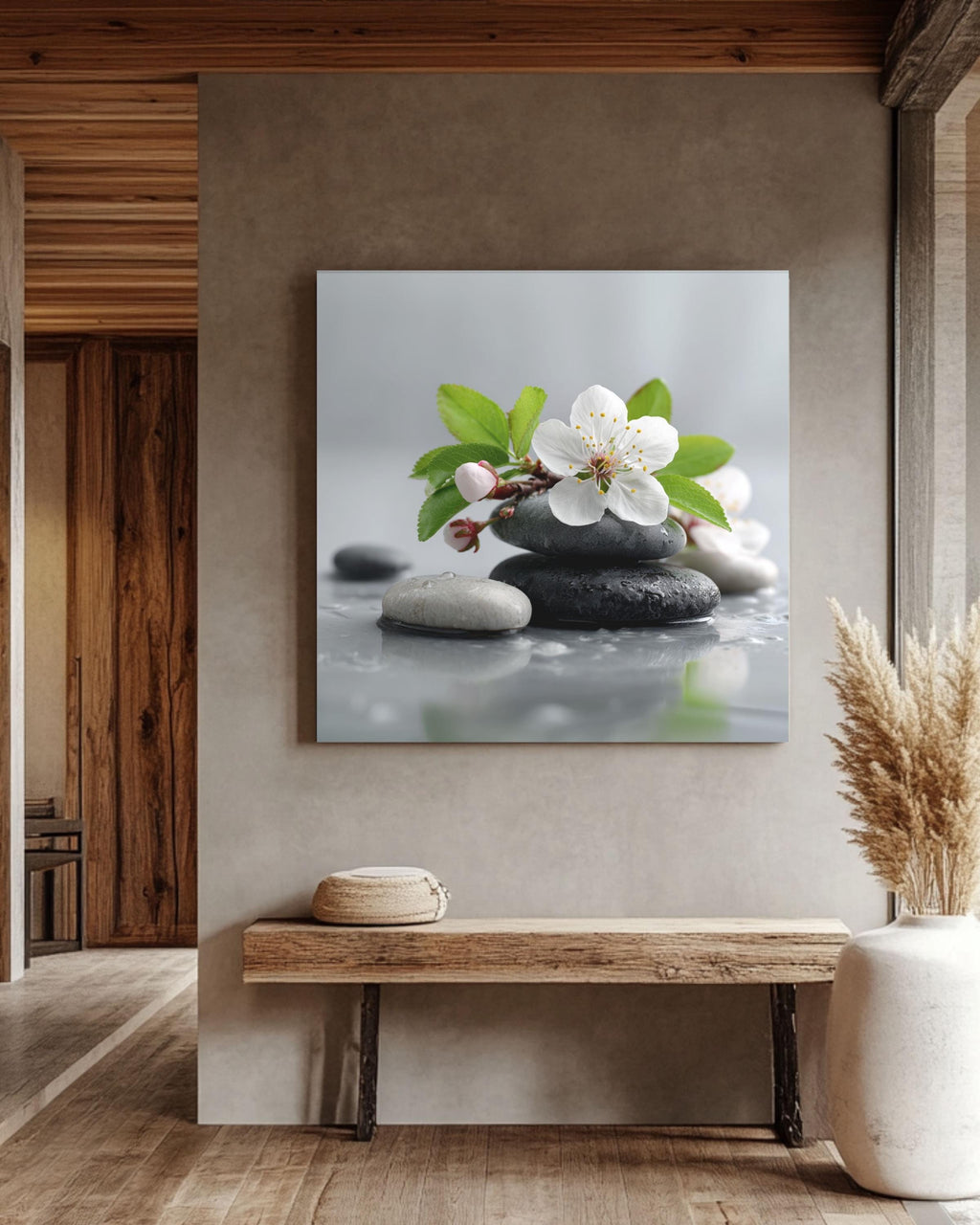 Floral Zen Stones Canvas | White Spa Bathroom Artwork | Tranquil Botanical Relaxation Print