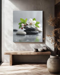 Floral Zen Stones Canvas | White Spa Bathroom Artwork | Tranquil Botanical Relaxation Print