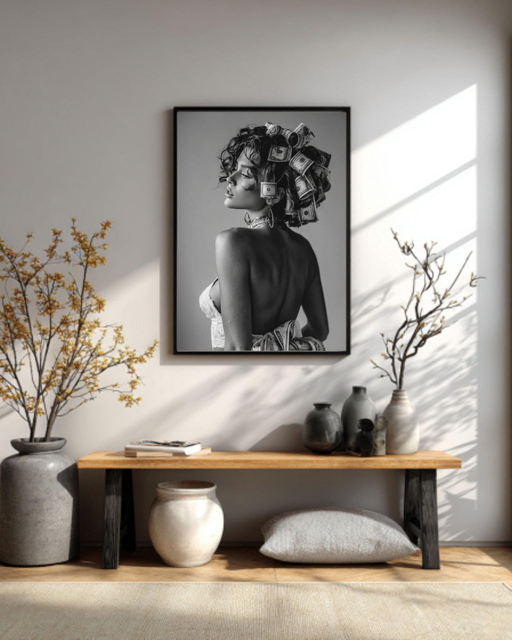 Woman with Money Canvas | Luxury Fashion Black and White Art | Vintage Museum Quality Photography