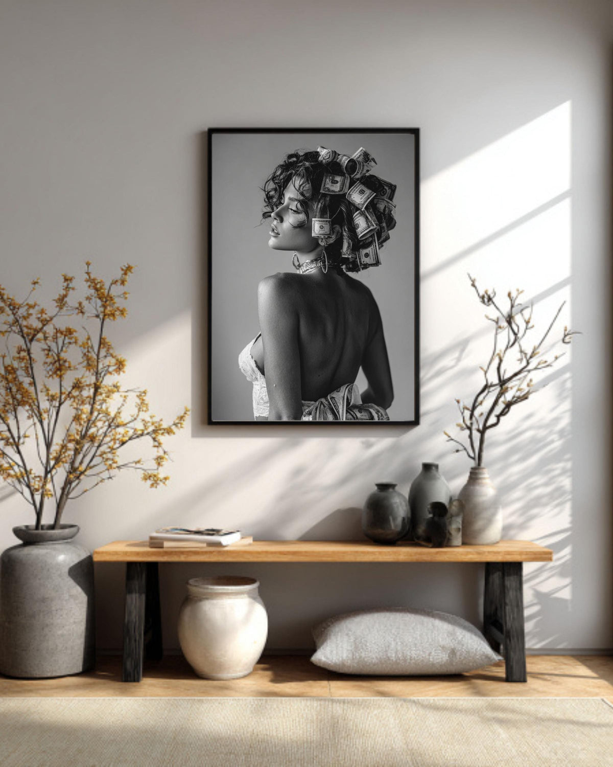 Woman with Money Canvas | Luxury Fashion Black and White Art | Vintage Museum Quality Photography