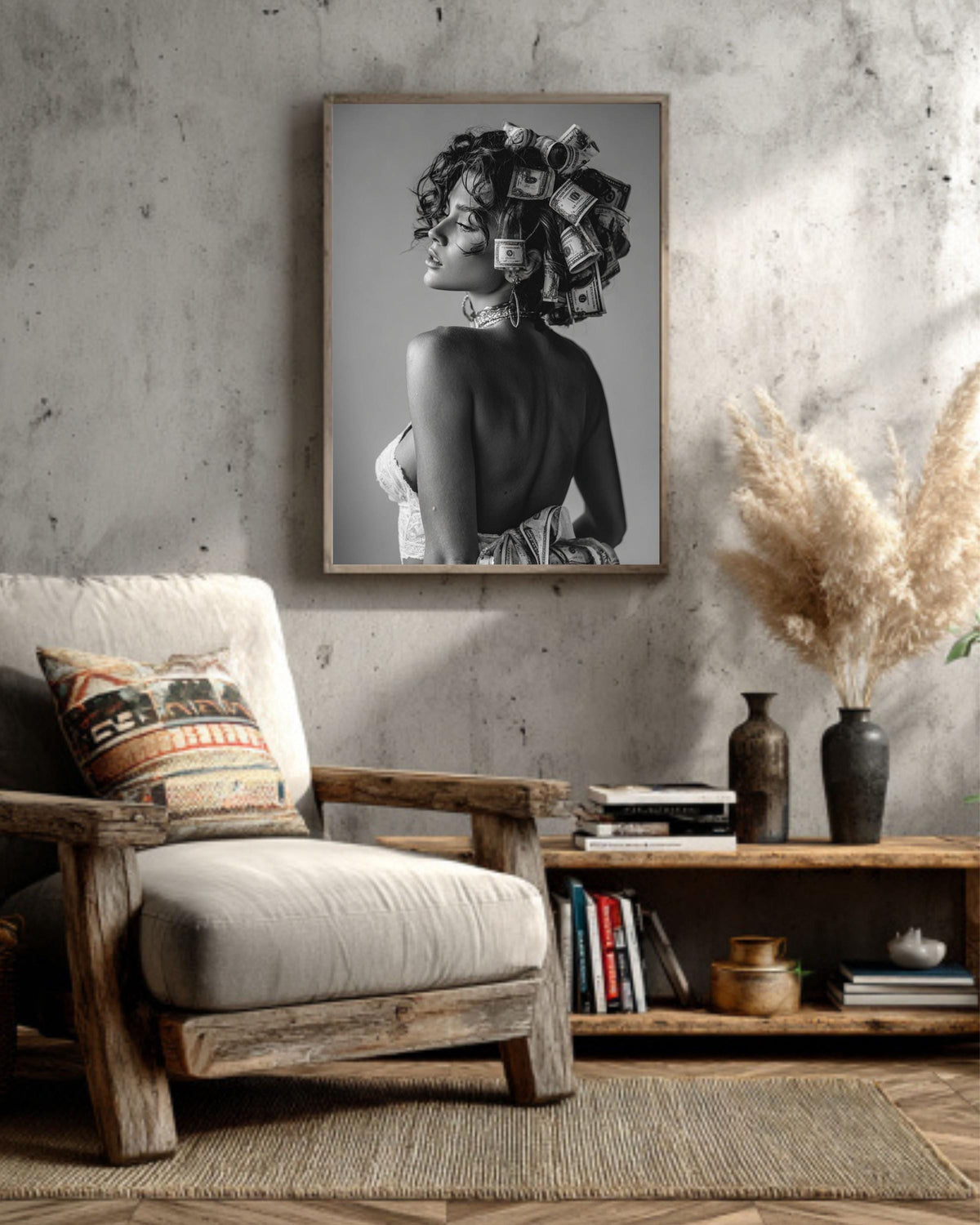 Woman with Money Canvas | Luxury Fashion Black and White Art | Vintage Museum Quality Photography