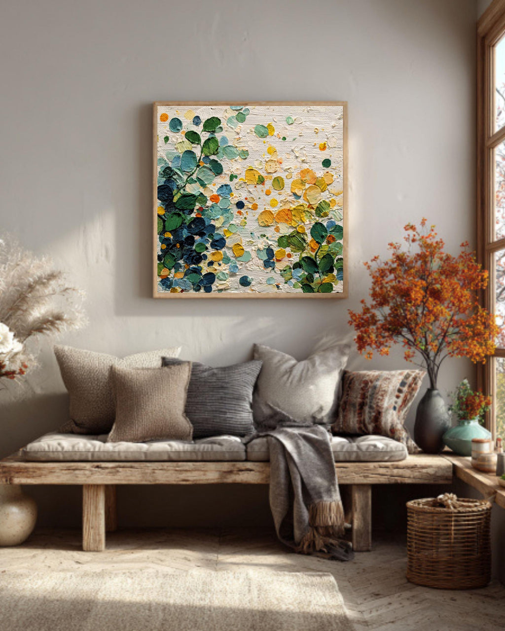 Abstract Botanical Canvas Art: Green Yellow Textured Painting