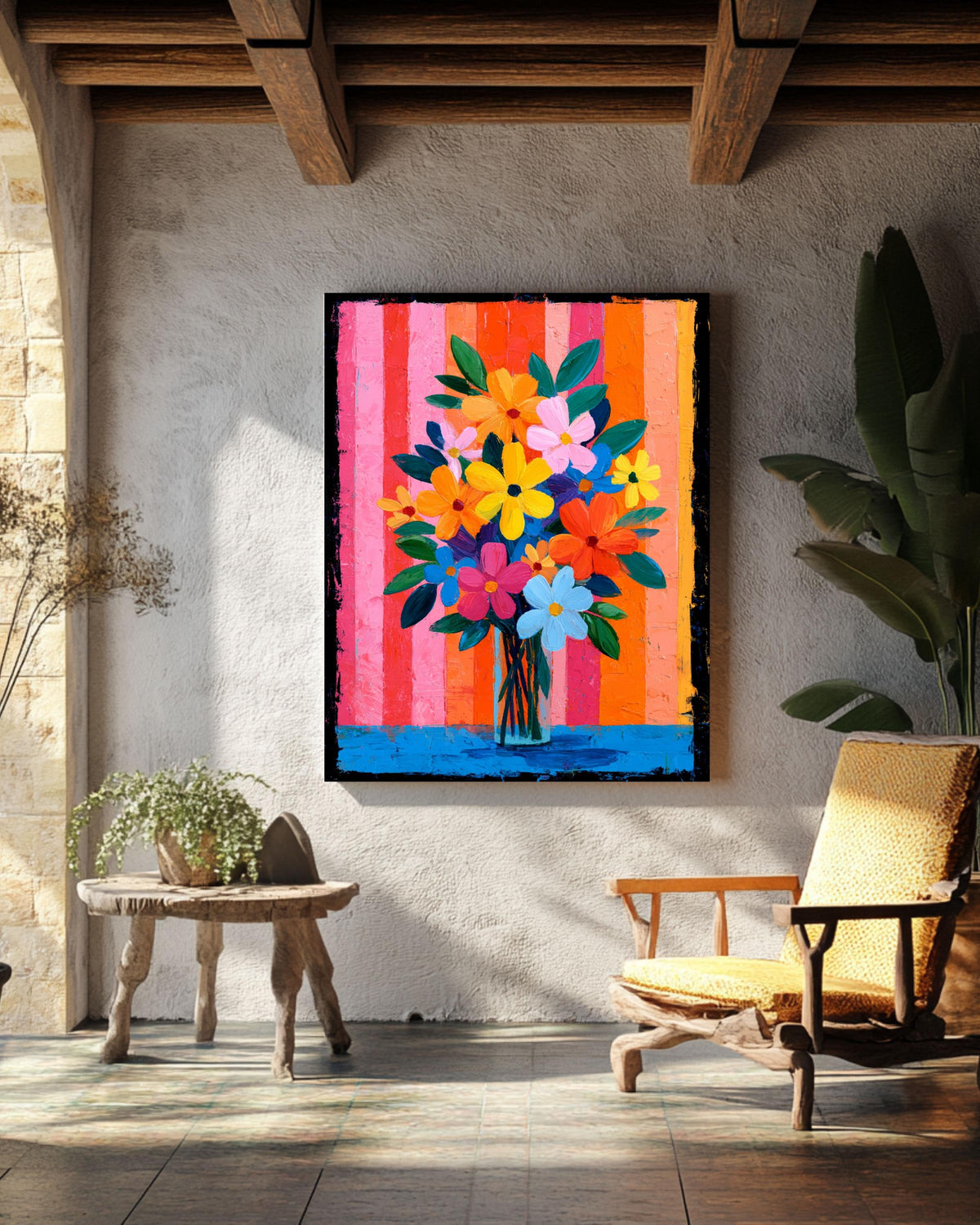 Cheerful Pink Floral Canvas | Bright Bold Bouquet with Stripes | Colorful Retro Maximalist Art